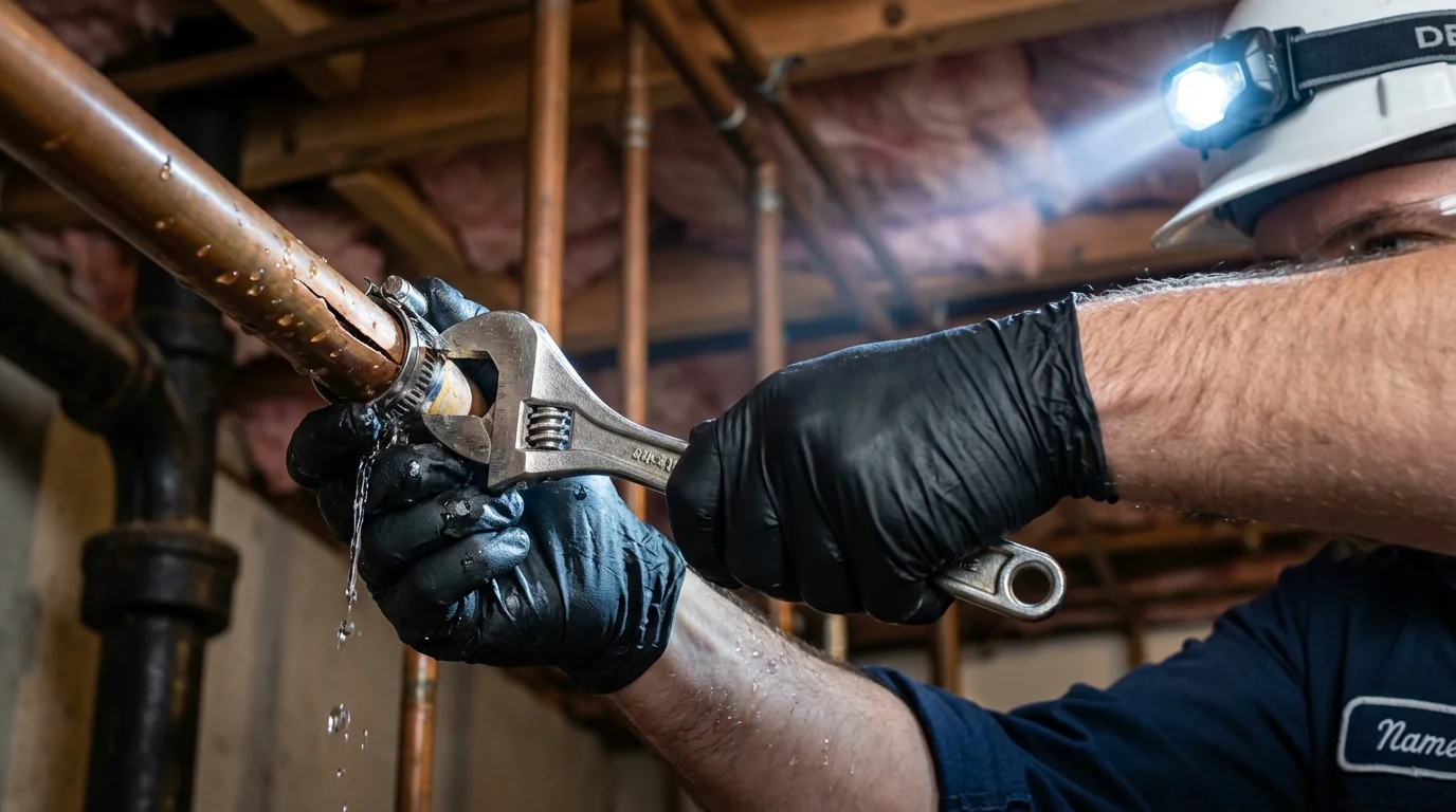 Emergency pipe clamp repair being performed by a Johns Plumbing LLC plumber in Arizona City