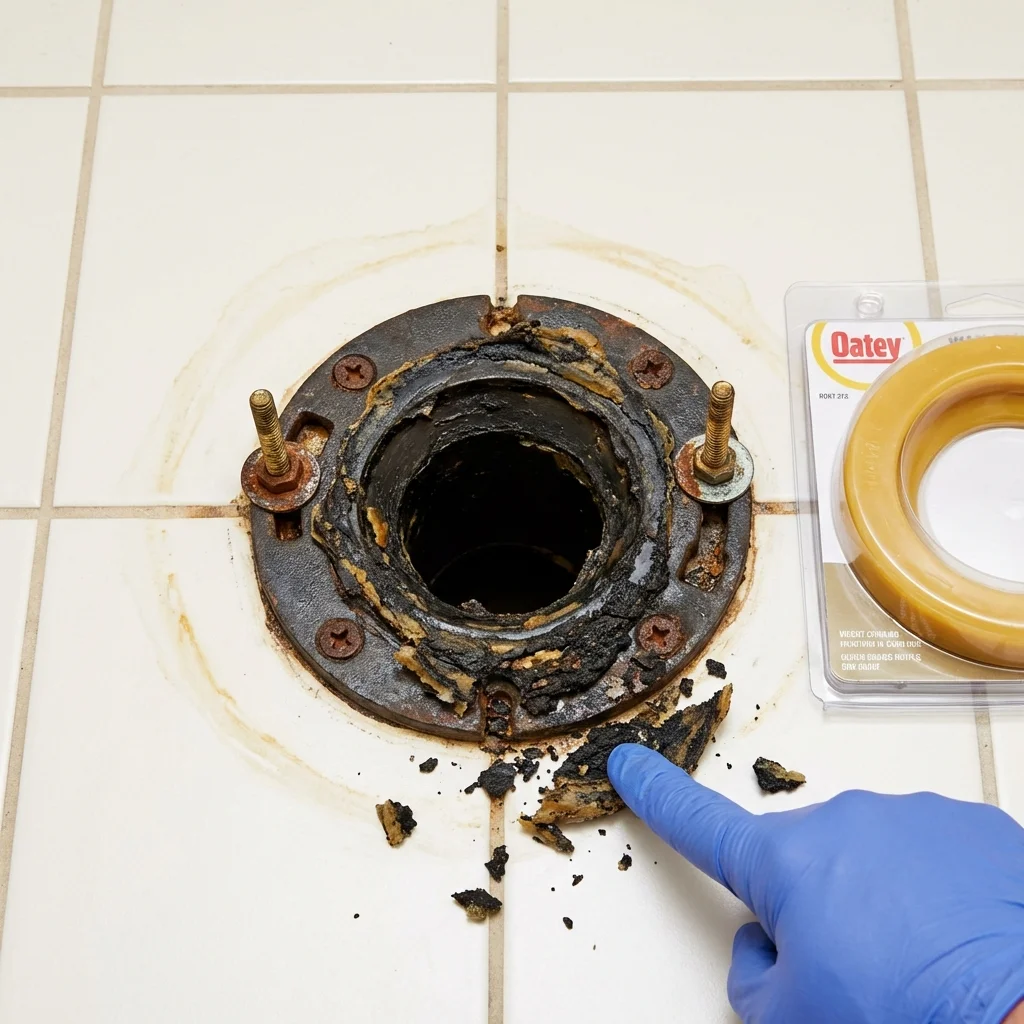 Failed wax ring showing water seepage at the base of a toilet in a Arizona City, AZ home