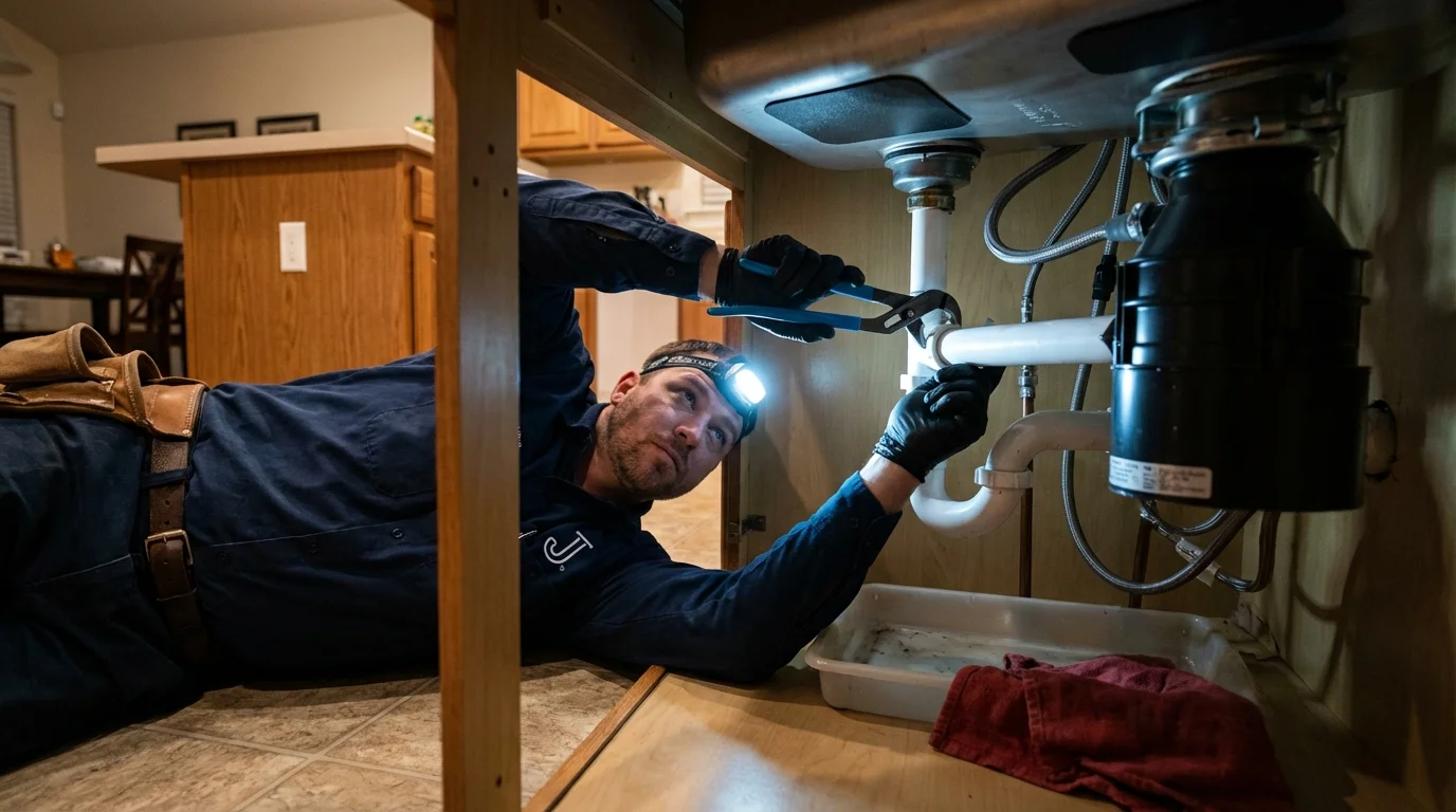 P-trap and supply line connections under a kitchen sink showing a common leak point in Arizona City, AZ